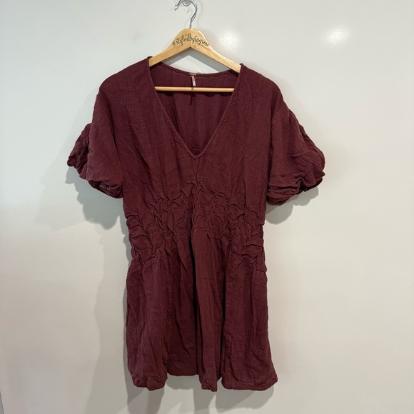 Free People One Of A Kind Mini Dress Solid Ruched Smocked - Picture 6 of 11